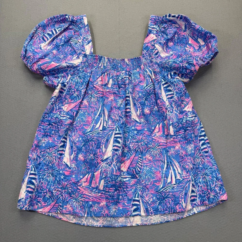 Lilly Pulitzer Yvette Linen Top 8 Blue Pink Sailboat‎ Puff Sleeve Smocked 013352